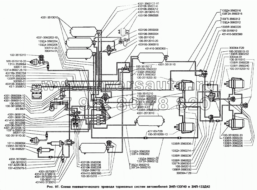 Схема пневматического привода тормозных систем автомобилей ЗИЛГ40 и ЗИЛД42